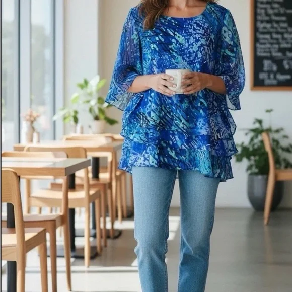 ALEX EVENINGS PLUS SIZE 2X BLUE CHIFFON RUFFLE TIERED ASYMMETRIC BLOUSE TOP - Picture 12 of 12